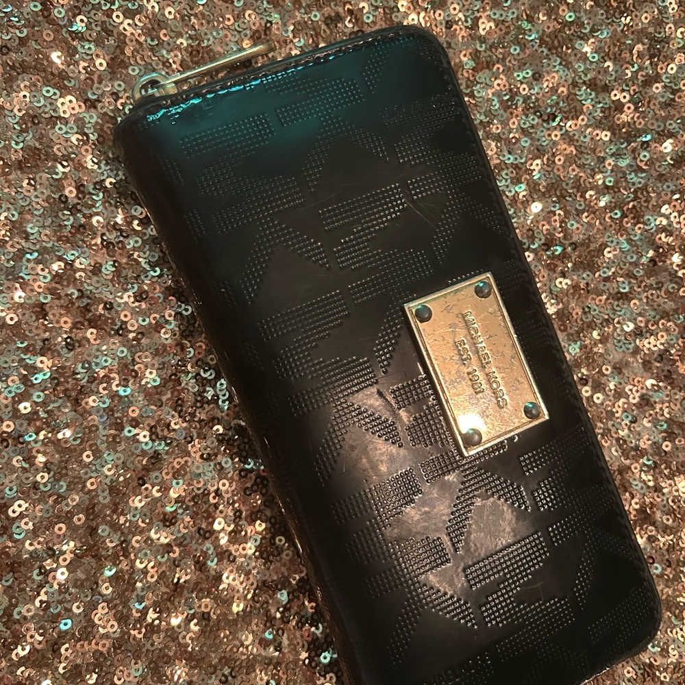 Michael Kors Black Leather Phone Case with Gold Accents